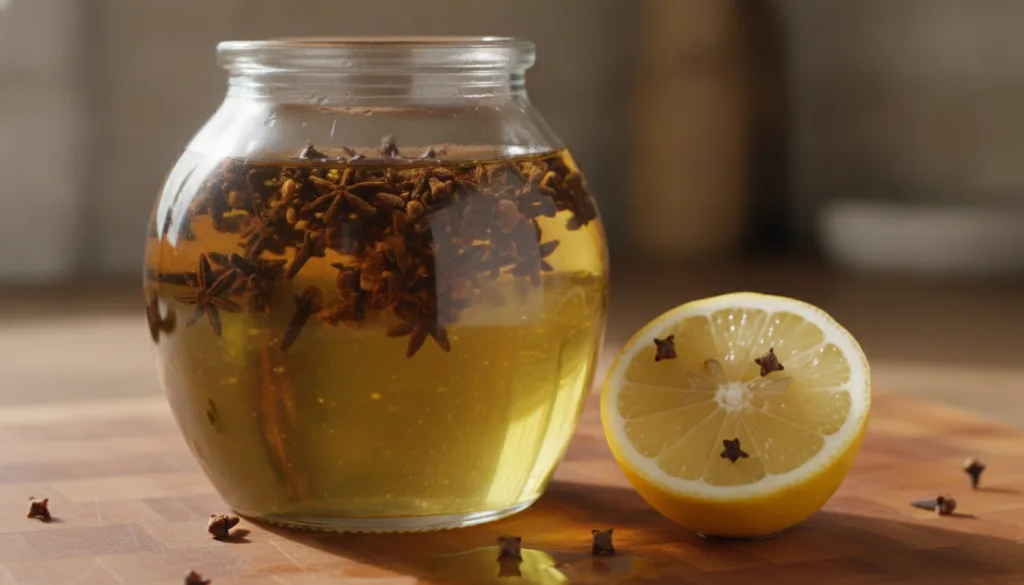 Close-up of a clear glass jar containing baby oil and whole cloves with a sliced lemon beside it on a wooden surface