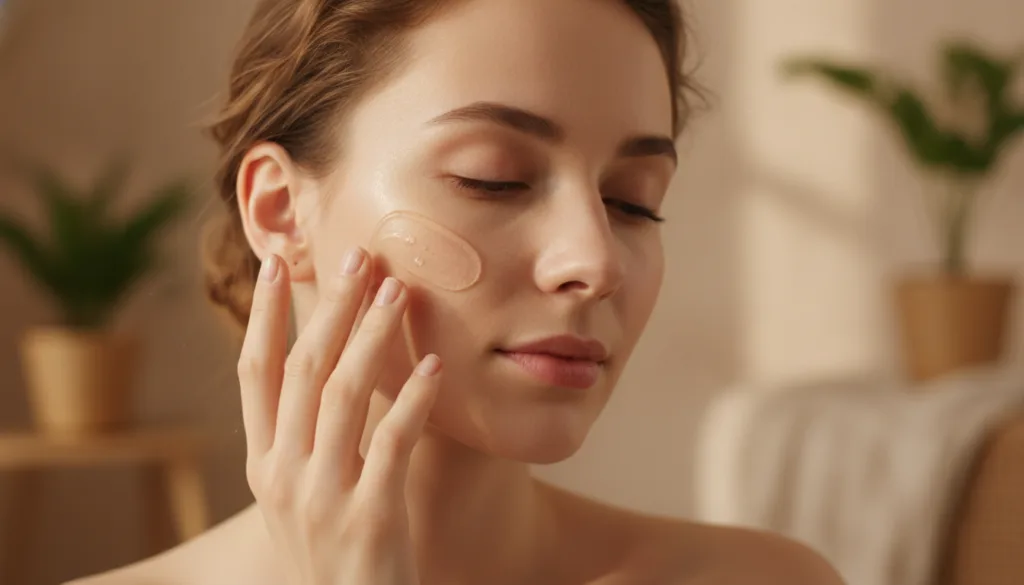 A woman gently massaging the Vaseline and baby oil mixture onto her face in an upward motion Her skin looks hydrated and
