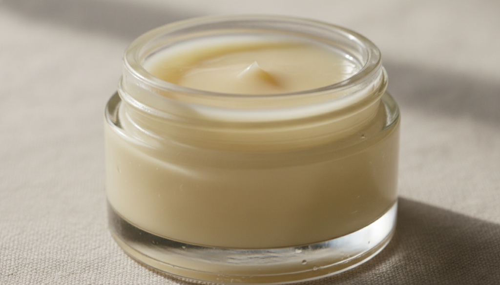 A close-up shot of the mixed DIY Vaseline collagen cream in a small glass jar showing its smooth texture