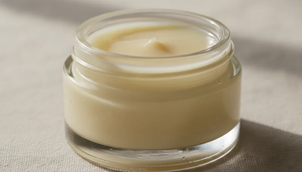 A close-up shot of the mixed DIY Vaseline collagen cream in a small glass jar showing its smooth texture