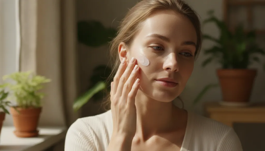 A woman gently applying the DIY Vaseline collagen cream to her face showing the smooth texture and a healthy glow on her