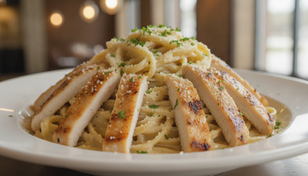 A generous serving of creamy Chicken Alfredo pasta with grilled chicken slices tossed with fettuccine and garnished with