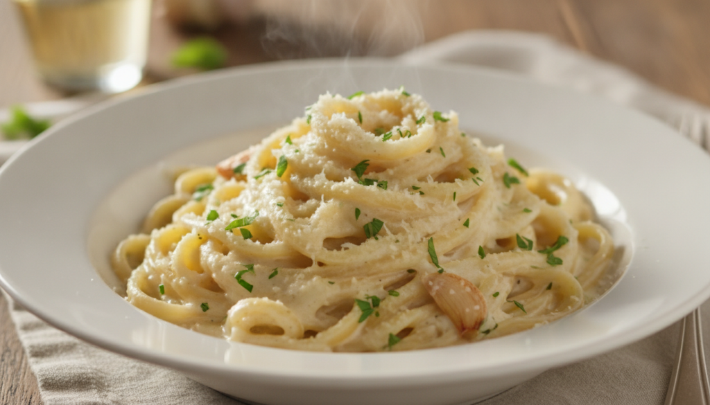 A close-up of creamy garlic Parmesan pasta glistening with sauce and topped with fresh herbs in a shallow white bowl
