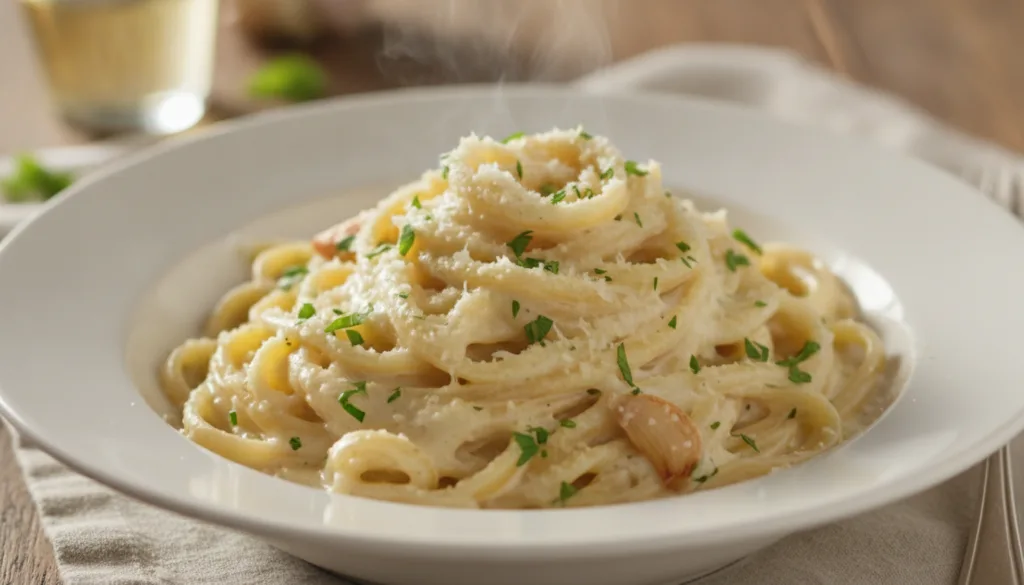 A close-up of creamy garlic Parmesan pasta glistening with sauce and topped with fresh herbs in a shallow white bowl