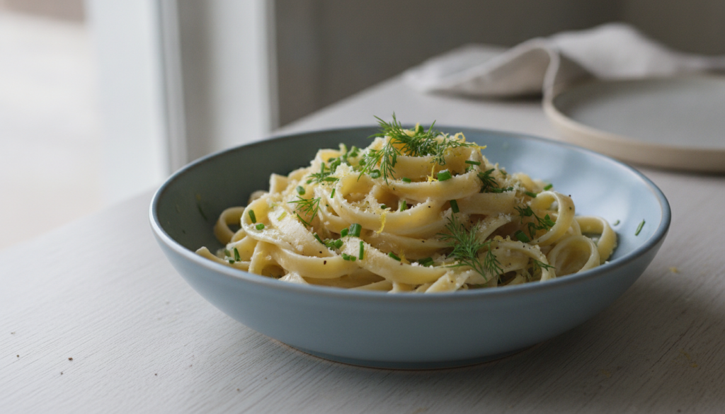 A bright fresh bowl of creamy pasta with a hint of lemon zest and fresh green herbs served in a light ceramic bowl