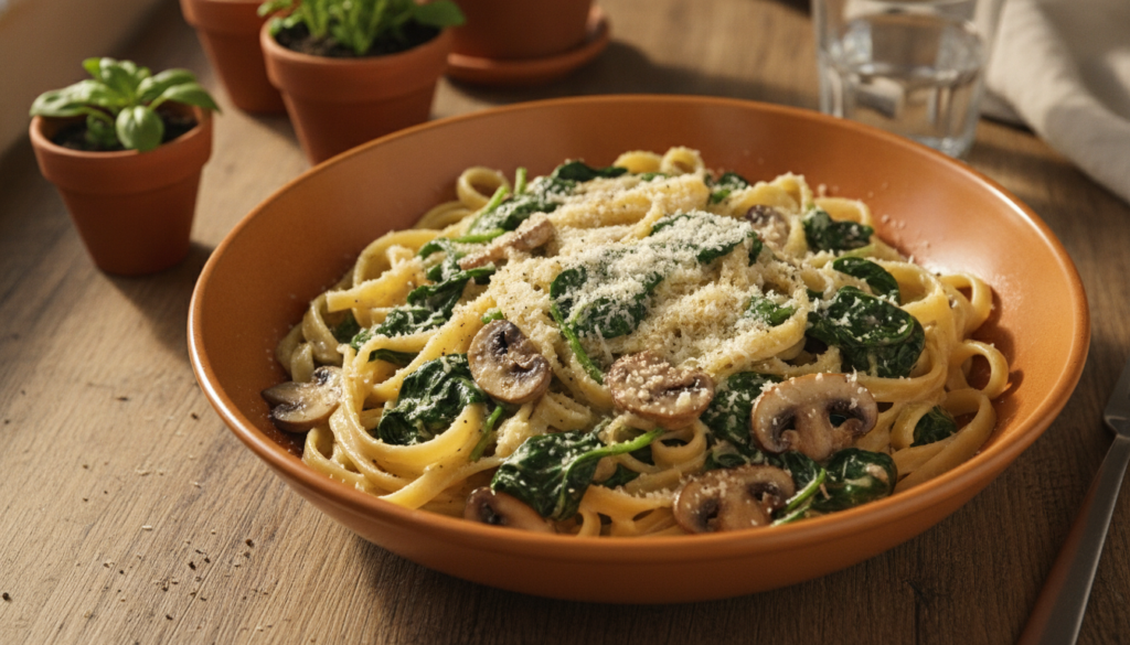 A vibrant bowl of creamy pasta with sautéed spinach and sliced mushrooms lightly dusted with Parmesan cheese