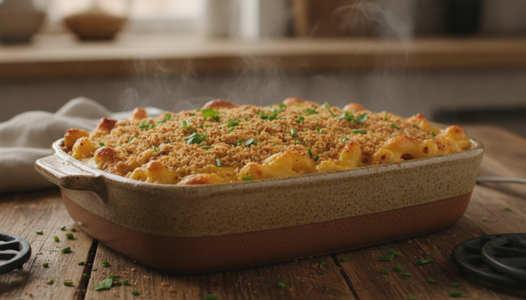 A bubbling hot baked mac and cheese casserole in a ceramic baking dish topped with golden breadcrumbs and fresh herbs