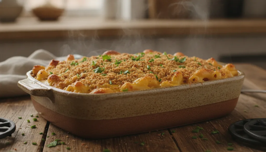 A bubbling hot baked mac and cheese casserole in a ceramic baking dish topped with golden breadcrumbs and fresh herbs