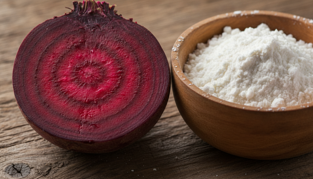 A close-up of a beetroot and a bowl of rice flour highlighting their natural textures and colors