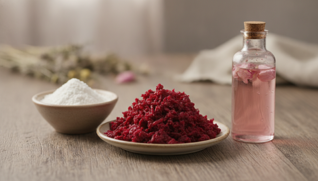 Ingredients for the beetroot face mask laid out grated beetroot or beetroot powder rice flour and a bottle of rose water