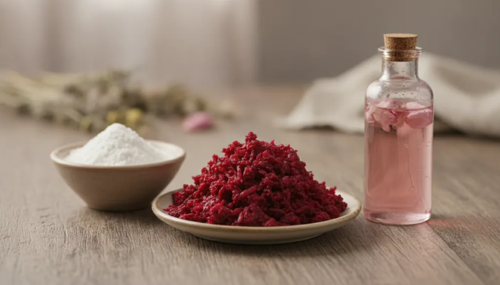 Ingredients for the beetroot face mask laid out grated beetroot or beetroot powder rice flour and a bottle of rose water
