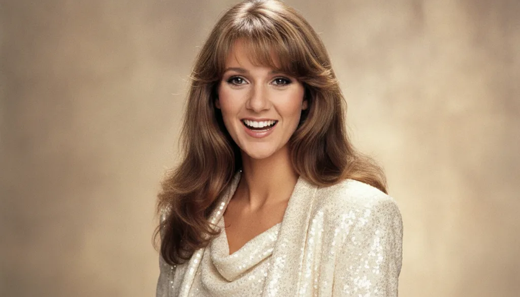 A publicity photo of a young Celine Dion from the 1990s smiling confidently