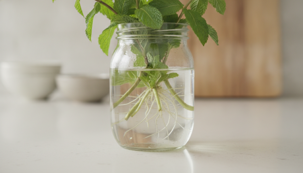Mint cuttings in a clear glass jar showing visible white roots developing in the water