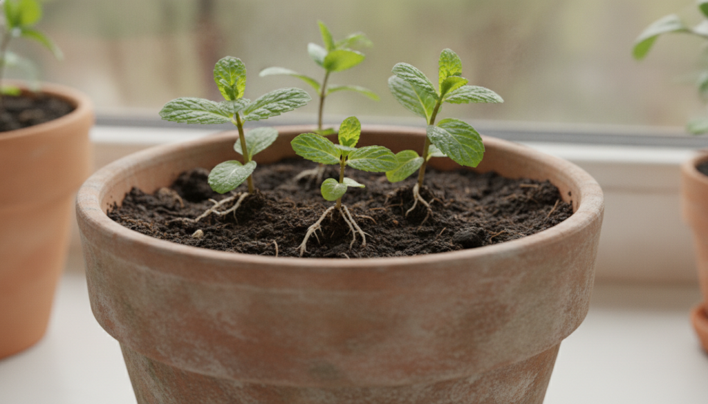 A newly potted mint plant with small mint cuttings planted in dark soil in a terracotta pot