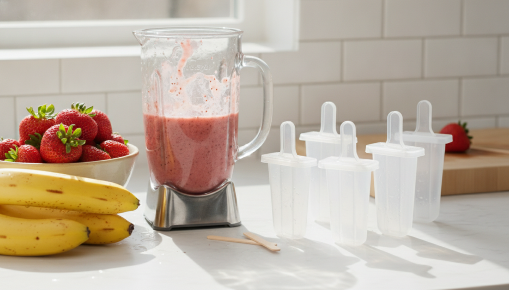 A kitchen counter scene with fresh strawberries ripe bananas a blender filled with blended fruit mixture and empty ice p