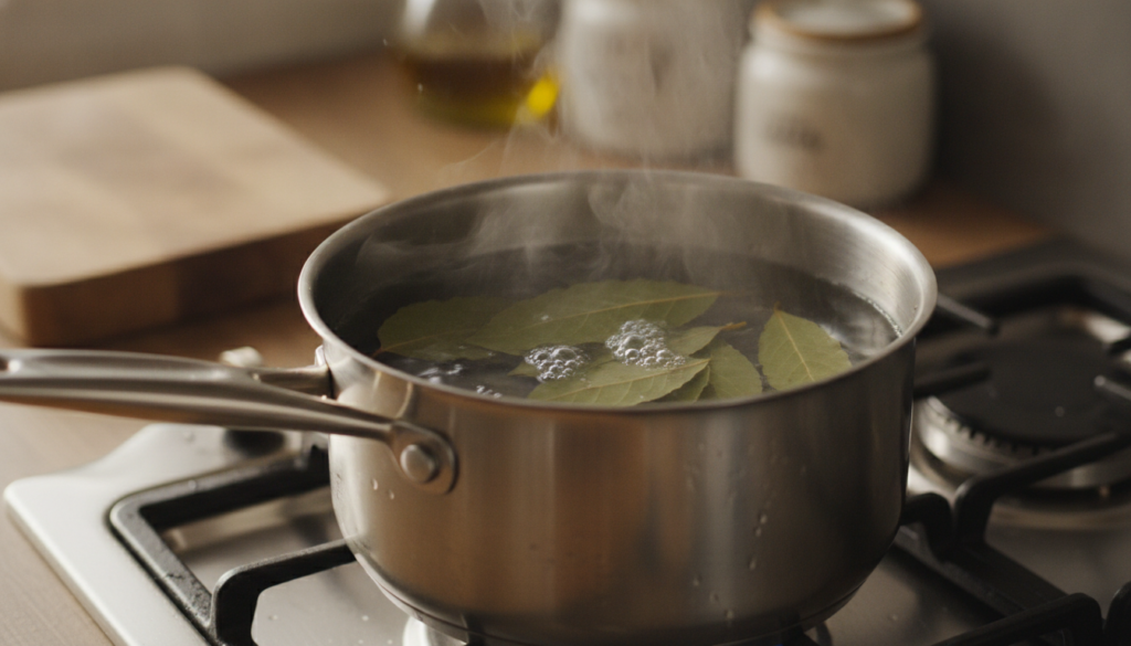 Close-up of bay leaves simmering gently in a pot of water on a stove Steam is subtly rising and the water has a slight g