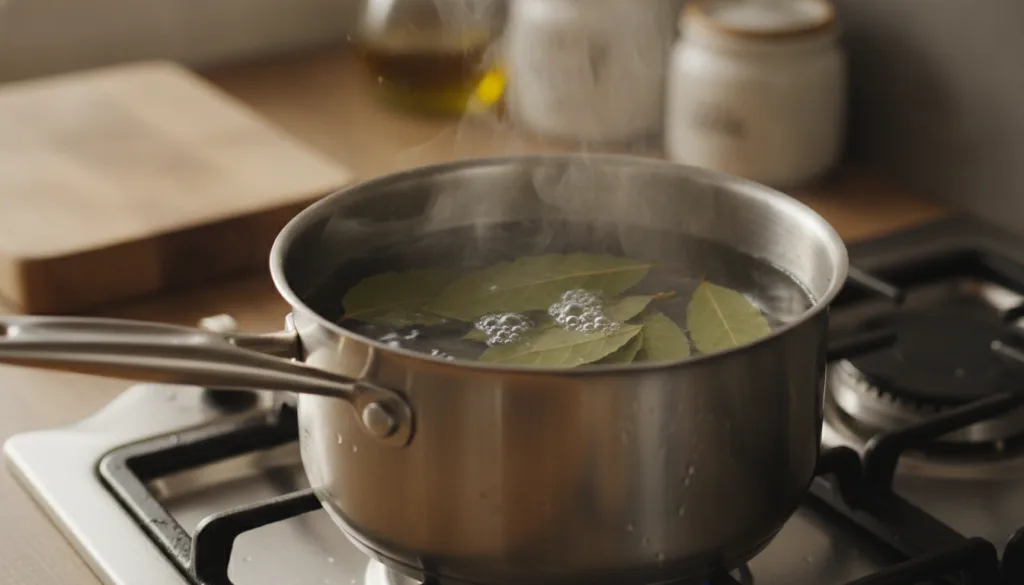 Close-up of bay leaves simmering gently in a pot of water on a stove Steam is subtly rising and the water has a slight g