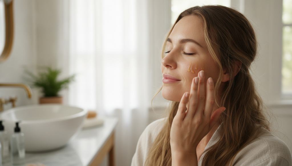 A woman with glowing natural skin gently applying a few drops of oil to her cheek demonstrating the no makeup needed loo