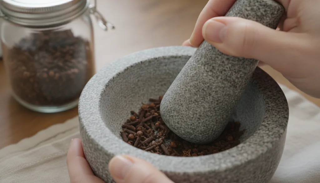 Hands gently crushing whole cloves with a mortar and pestle next to a glass jar ready for oil infusion