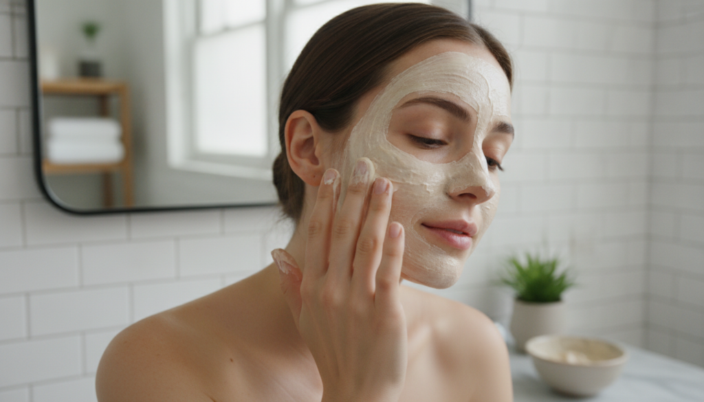 A woman gently applying a creamy face mask to her clean face with her fingertips in a brightly lit bathroom setting