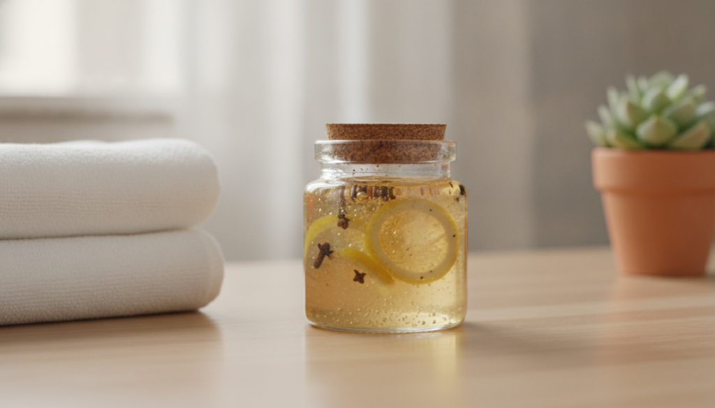 Small glass jar of homemade clove and lemon gel on a clean vanity with a fresh towel and a small plant signifying a fres