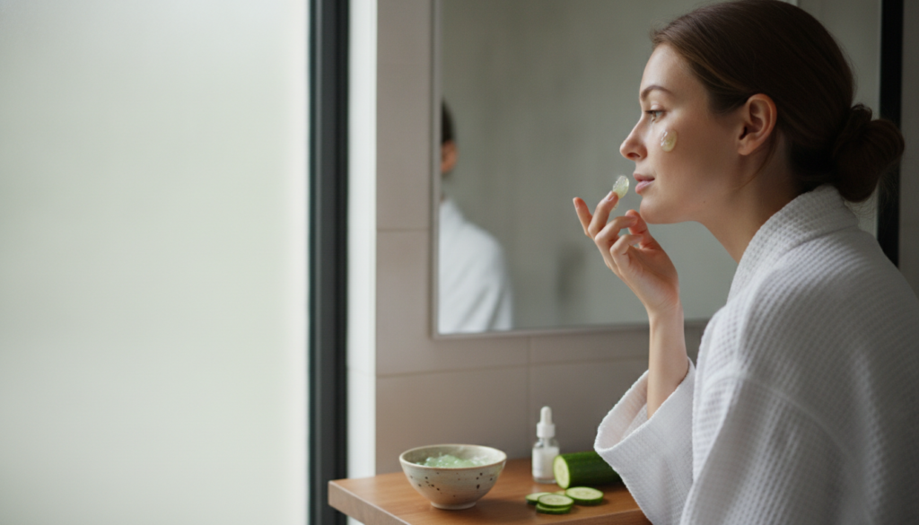 Woman gently applying the DIY clove and lemon gel to her face looking at a mirror in a well-lit bathroom