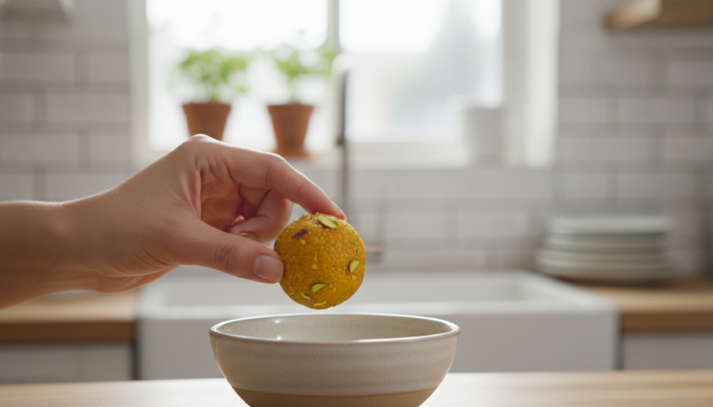 A woman s hand picking up an edible laddu from a small bowl with a soft focus background She is about to eat it