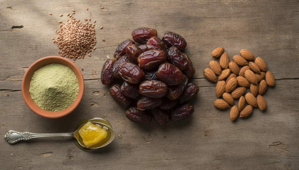 Various ingredients for edible laddus laid out on a kitchen counter dates almonds flax seeds amla powder and a small bow
