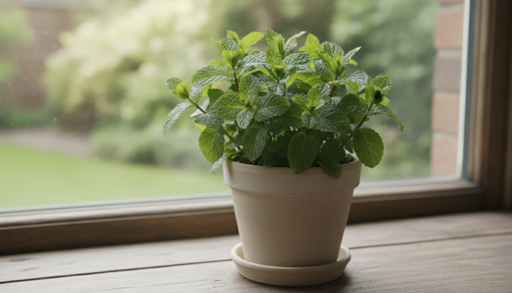 A small healthy potted mint plant on a windowsill with lush green leaves and indirect natural light The pot is simple an