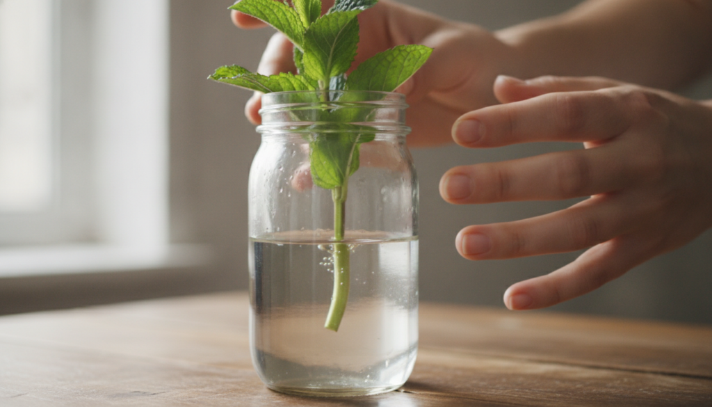 A close-up of a hand gently placing a prepared mint cutting into a glass jar filled with water showing the bottom leaves
