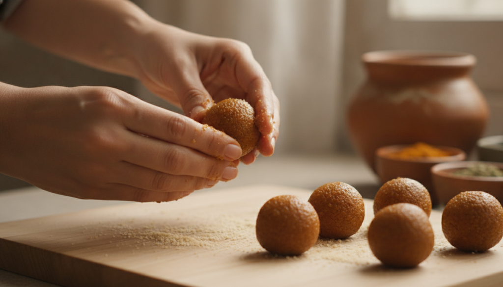 Hands rolling the laddu mixture into small round balls on a cutting board