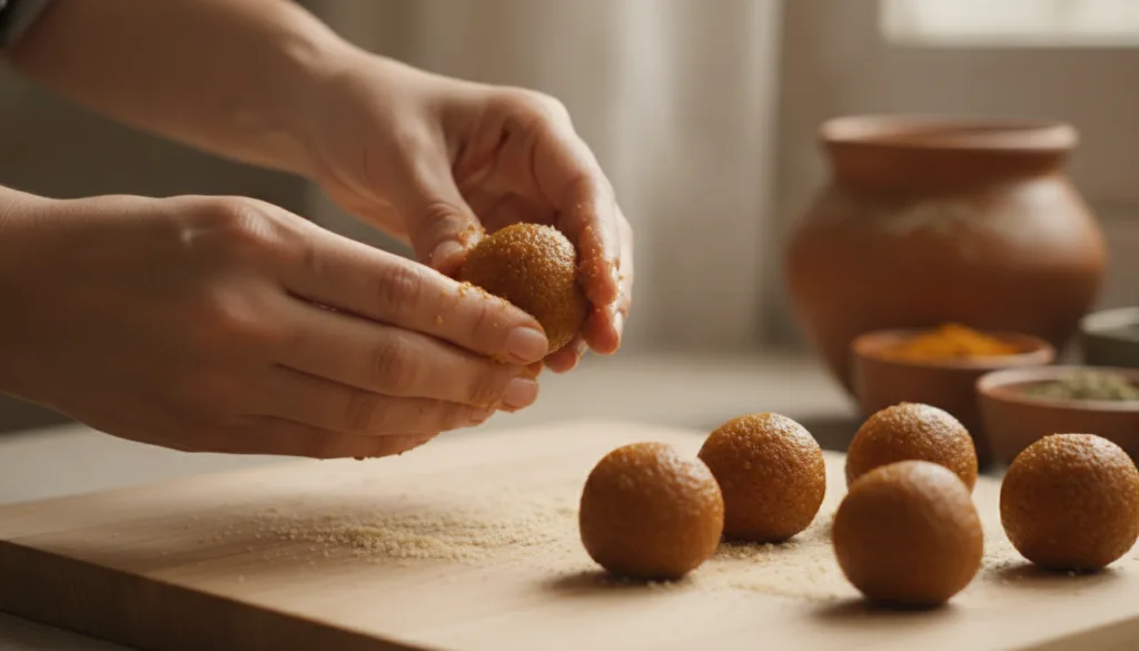 Hands rolling the laddu mixture into small round balls on a cutting board
