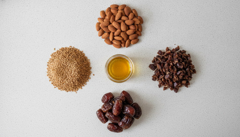 Various laddu ingredients like almonds flax seeds pitted dates and a jar of ghee arranged neatly on a kitchen counter