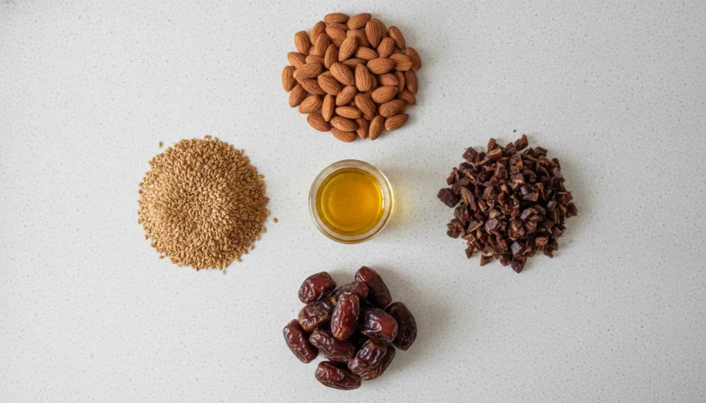 Various laddu ingredients like almonds flax seeds pitted dates and a jar of ghee arranged neatly on a kitchen counter
