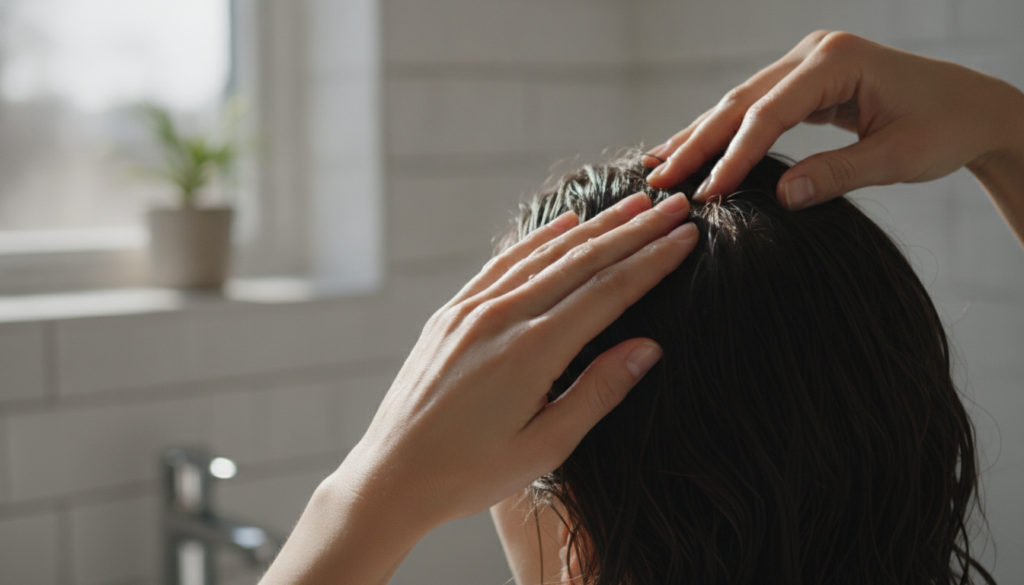 A person s hands gently massaging the bay leaf tonic into their scalp and hair showing the application process in a bath