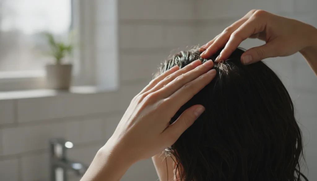 A person s hands gently massaging the bay leaf tonic into their scalp and hair showing the application process in a bath