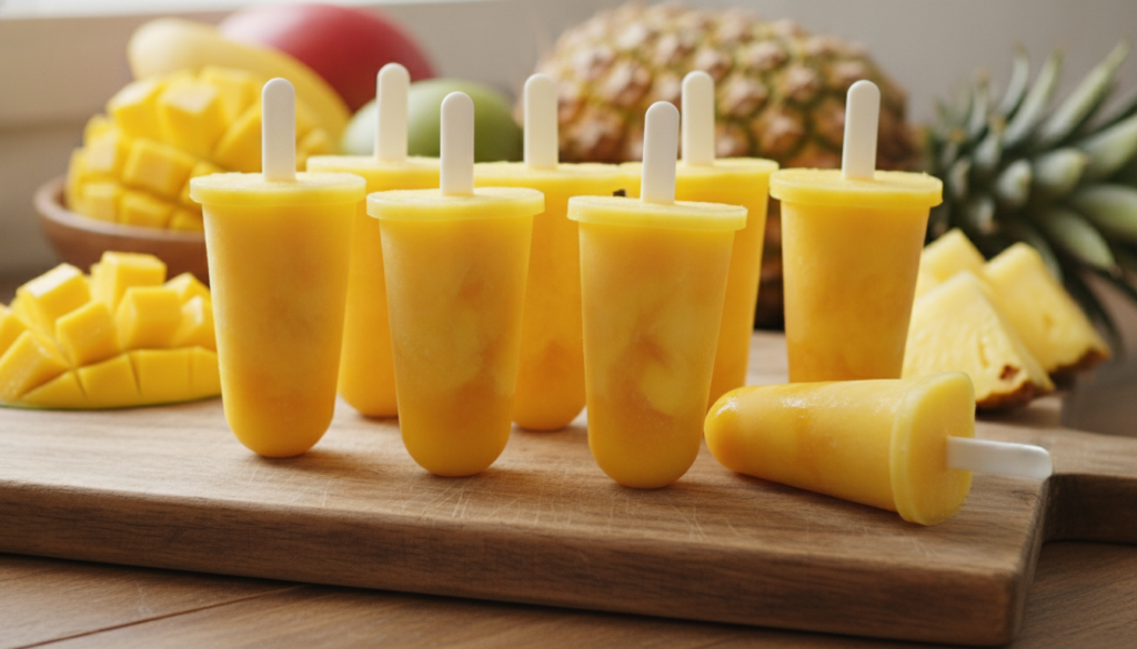 Bright yellow and orange mango pineapple ice pops in molds with fresh mango and pineapple chunks in the background