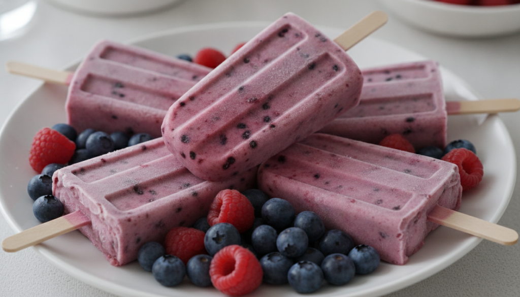 Pink and purple swirled berry yogurt ice pops some with visible berry bits on a white plate with fresh mixed berries