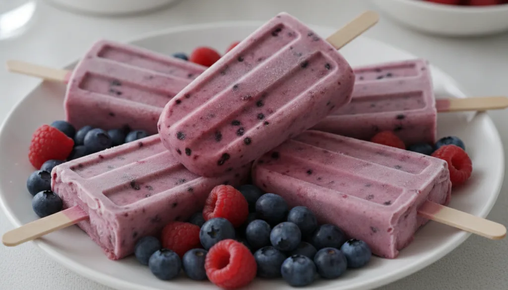 Pink and purple swirled berry yogurt ice pops some with visible berry bits on a white plate with fresh mixed berries