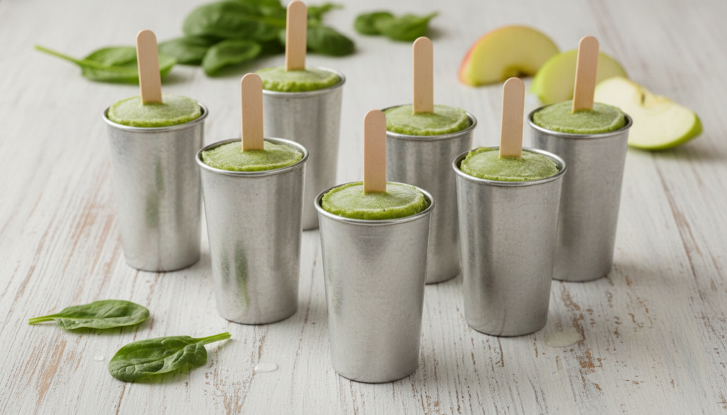 Vibrant green ice pops in molds with spinach leaves and apple slices in the background