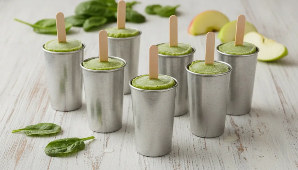 Vibrant green ice pops in molds with spinach leaves and apple slices in the background