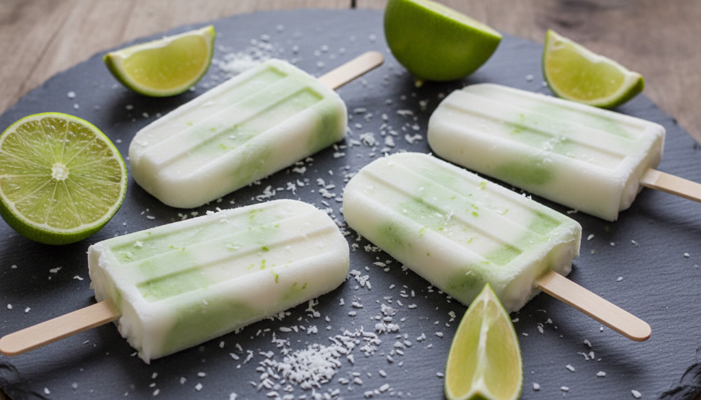 White and light green swirled coconut lime ice pops on a dark surface with halved limes and shredded coconut around them