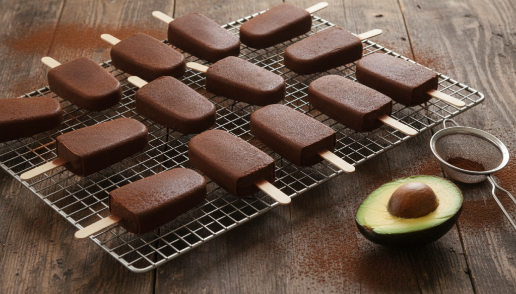 Rich dark brown chocolate avocado fudge pops on a cooling rack with a sliced avocado and cocoa powder nearby