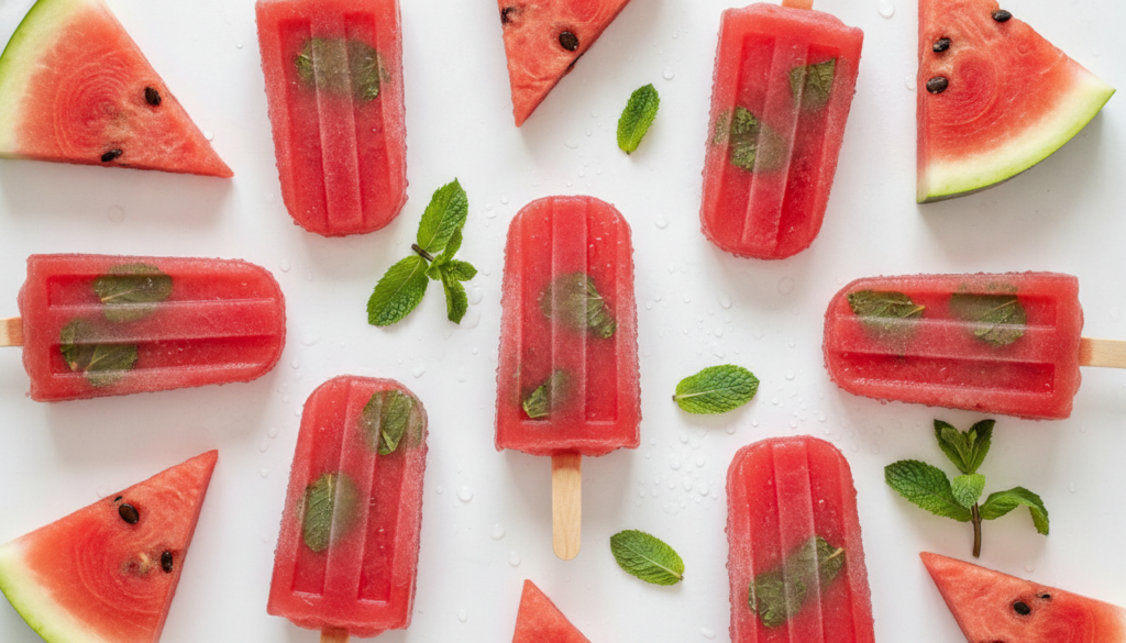 Refreshing red watermelon mint ice pops some with visible mint flecks on a white background with watermelon slices and f