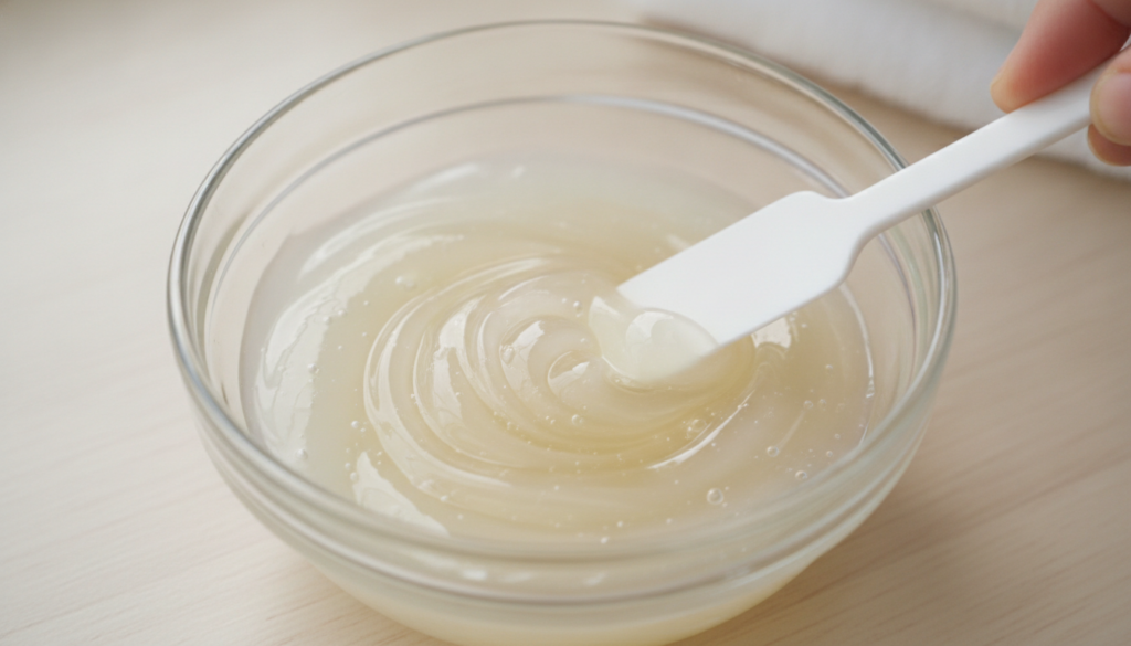 A close-up of a small glass bowl with Vaseline and baby oil being mixed with a small spatula to create a smooth transluc