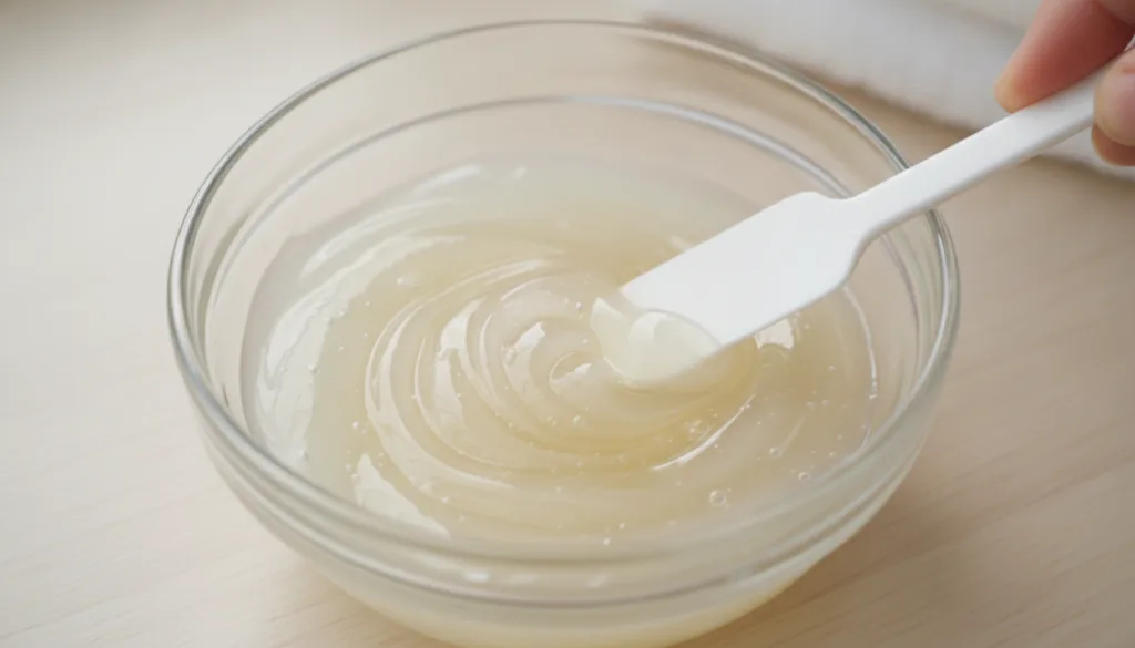 A close-up of a small glass bowl with Vaseline and baby oil being mixed with a small spatula to create a smooth transluc