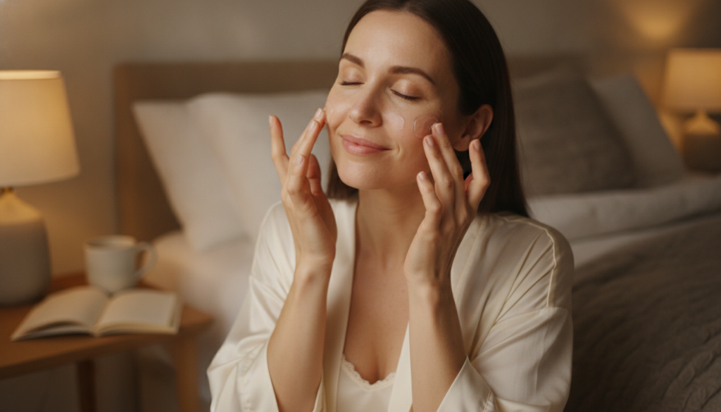 A woman in her 30s-40s gently applying a small amount of the translucent night gel to her face before bed her skin appea