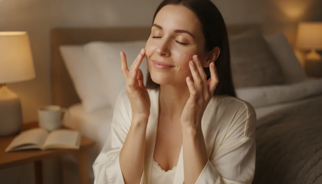 A woman in her 30s-40s gently applying a small amount of the translucent night gel to her face before bed her skin appea