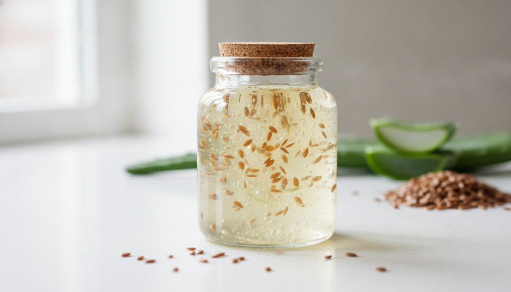 Close-up of a small glass jar filled with a clear homemade flaxseed and aloe vera gel with fresh flaxseeds and an aloe l