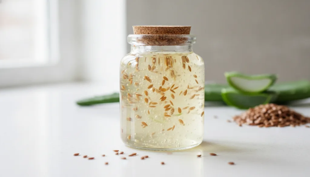 Close-up of a small glass jar filled with a clear homemade flaxseed and aloe vera gel with fresh flaxseeds and an aloe l